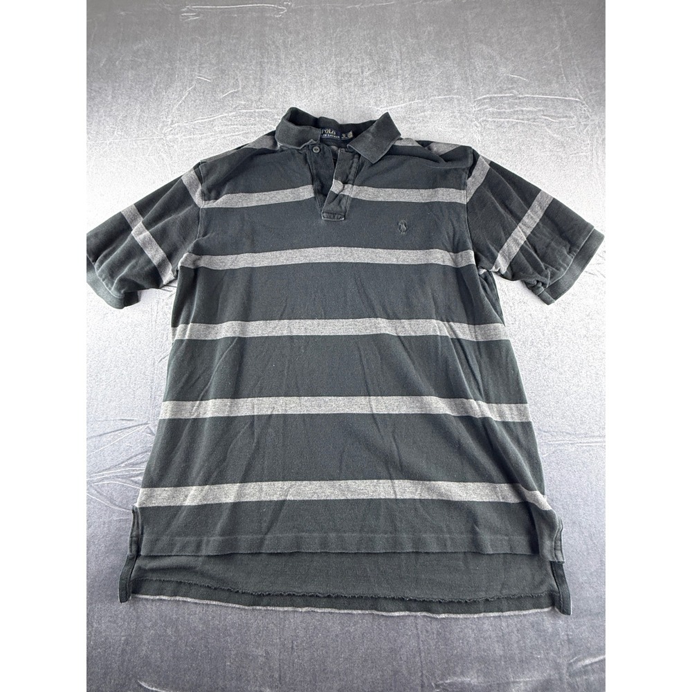 Polo Ralph Lauren Mens LT Black Gray Striped Polo Shirt Cotton Rubgy Preppy